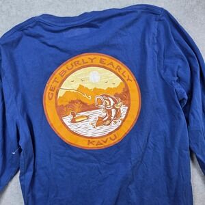 KAVU Long Sleeve Graphic Tee Men Small Blue Get Burly Early Fishing Bass Duck